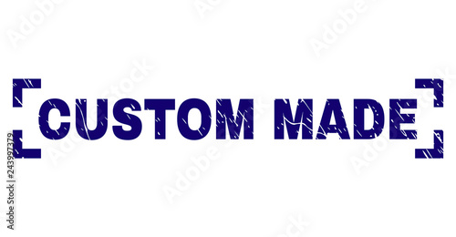 CUSTOM MADE text seal watermark with grunge texture. Text label is placed between corners. Blue vector rubber print of CUSTOM MADE with unclean texture.