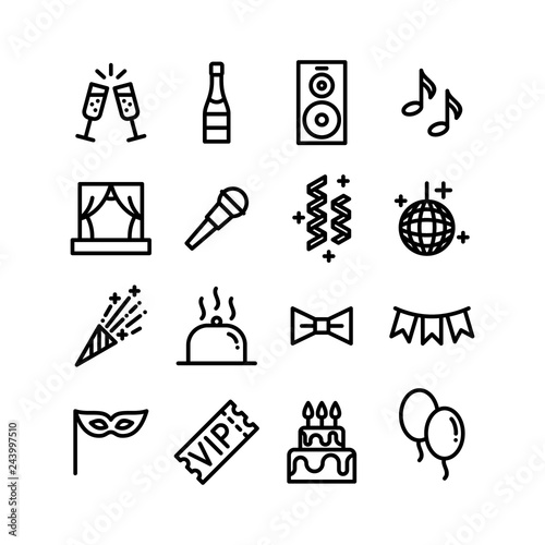 Entertainment, party, event organisation icons. Vector set of celebration and banquet line symbols.