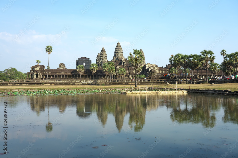 Siem Reap,Cambodia-Januay 11, 2019: Angkor Wat and its reflection on the pond in Cambodia
