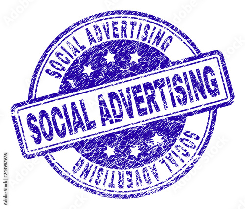SOCIAL ADVERTISING stamp seal imprint with grunge texture. Designed with rounded rectangles and circles. Blue vector rubber print of SOCIAL ADVERTISING text with unclean texture.