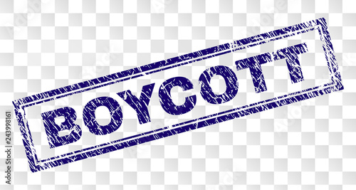 BOYCOTT stamp seal print with scratched style and double framed rectangle shape. Stamp is placed on a transparent background. Blue vector rubber print of BOYCOTT tag with scratched texture.