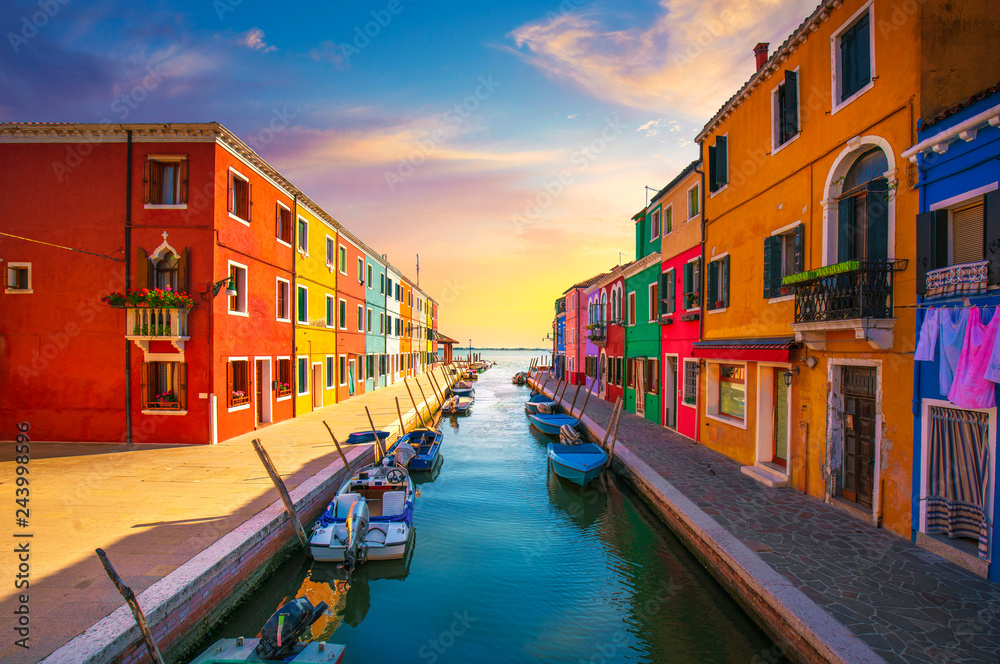 Venice landmark, Burano island canal, colorful houses and boats, Italy - obrazy, fototapety, plakaty 