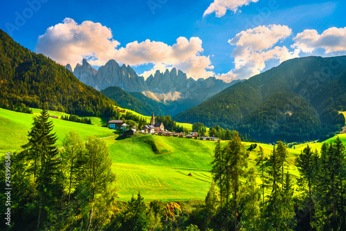 Funes Valley Santa Magdalena view and Odle mountains, Dolomites Alps, Italy.