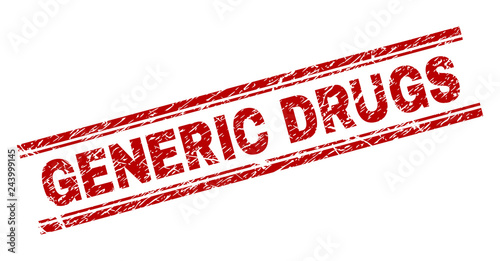 GENERIC DRUGS seal print with corroded texture. Red vector rubber print of GENERIC DRUGS title with unclean texture. Text title is placed between double parallel lines.