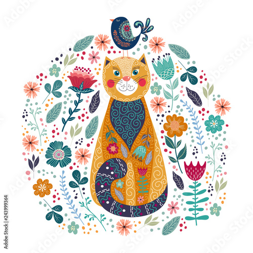 Fototapeta Naklejka Na Ścianę i Meble -  Art vector colorful illustration with cute cat, bird and flowers on a white background. Artwork for decoration your interior and for use in your design