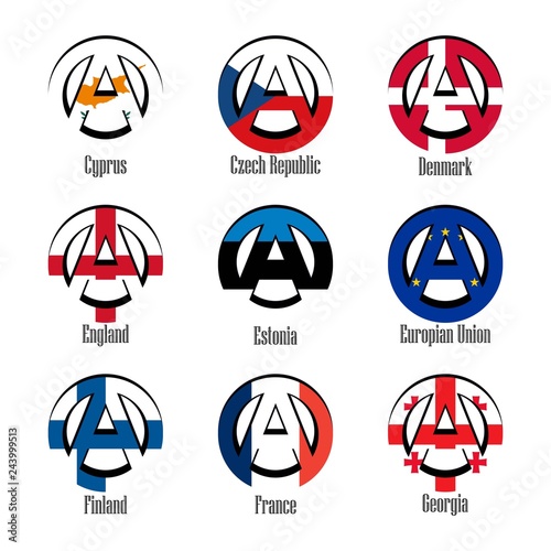Flags of different countries of the world in the form of a sign of anarchy