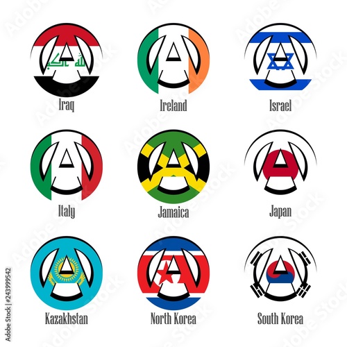 Flags of different countries of the world in the form of a sign of anarchy