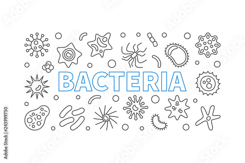 Bacteria vector virology and microbiology concept horizontal illustration or banner in thin line style on white background