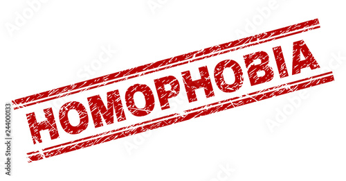 HOMOPHOBIA seal print with corroded texture. Red vector rubber print of HOMOPHOBIA text with grunge texture. Text tag is placed between double parallel lines.