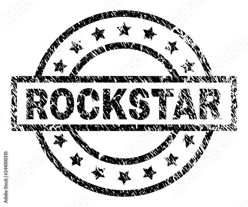 ROCKSTAR stamp seal watermark with distress style. Designed with rectangle, circles and stars. Black vector rubber print of ROCKSTAR title with dirty texture.