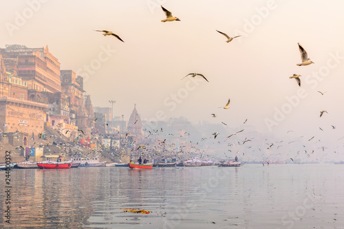 Photography Morning view of holy ghats of Varanasi with a boatman sailing and migratory sea
