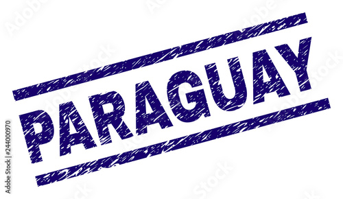 PARAGUAY seal print with scratced style. Blue vector rubber print of PARAGUAY caption with scratched texture. Text caption is placed between parallel lines.