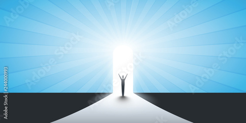 New Possibilities, Hope, Dreams - Business, Solutions Finding Concept - Man Standing in Front of a Door, Light at the End of the Road 