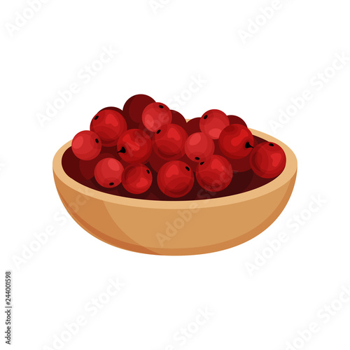 Fresh pink peppercorn seeds in wooden bowl. Cooking ingredient. Natural spice. Fragrant seasoning. Flat vector icon