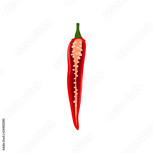 Half of red hot chili pepper with seeds inside. Spicy vegetable. Natural product. Cooking ingredient. Flat vector icon