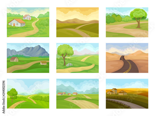 Flat vector set of natural landscapes with road, green meadows, houses and mountains. Outdoor scenery