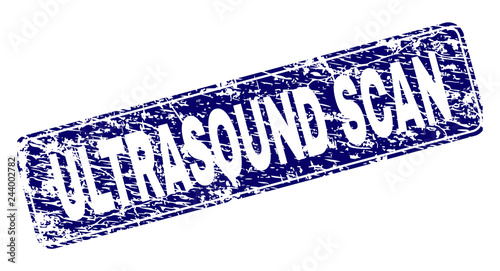 ULTRASOUND SCAN stamp seal print with distress style. Seal shape is a rounded rectangle with frame. Blue vector rubber print of ULTRASOUND SCAN title with dust style.