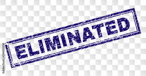 ELIMINATED stamp seal imprint with rubber print style and double framed rectangle shape. Stamp is placed on a transparent background.