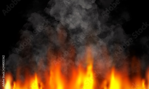 Fire, fire on a dark background, thick smoke. Night view of the disaster of the fire. Abstract background with fire and smoke.