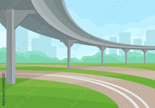 Urban landscape with overpass, road and green grass, high-rise buildings and bushes on background. Flat vector design photo