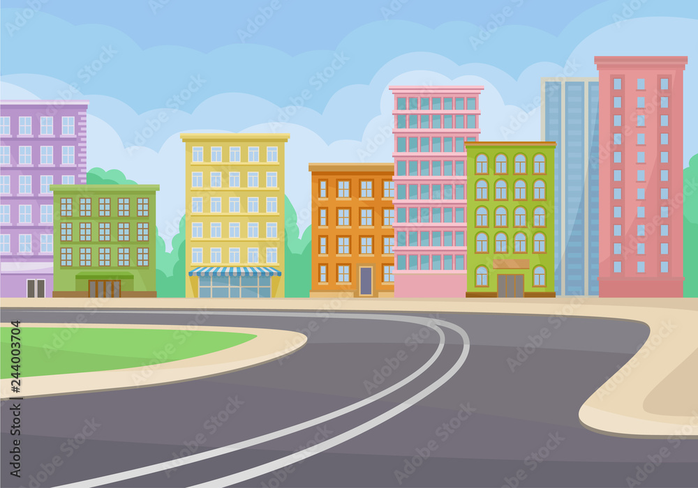 City landscape with buildings, road, green bushes and blue sky on background.  Modern cityscape. Flat vector design Stock Vector | Adobe Stock
