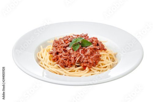 Spaghetti bolognese sauce with beef or pork,cheese,tomatoes and spices on white plate