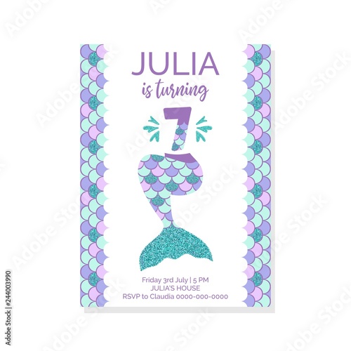 Vászonkép Cute birthday invitation for little mermaid Sea Party