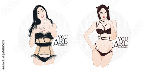 Beautiful sexy catwoman in black nderwear staing and flirting. Vector hand drawn illustration