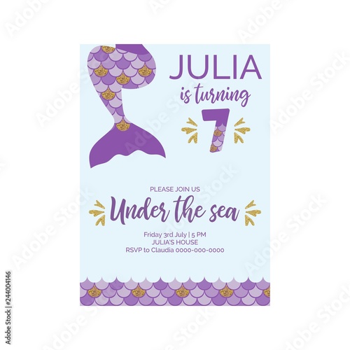 Cute birthday invitation for little mermaid Sea Party.Mermaid seventh birthday vector illustration 