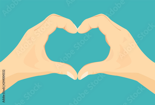 Heart shape hands. Vector icon with illustration of two palms making heart sign. Concept of love, romance, friendship, kindness and care. Flat style.