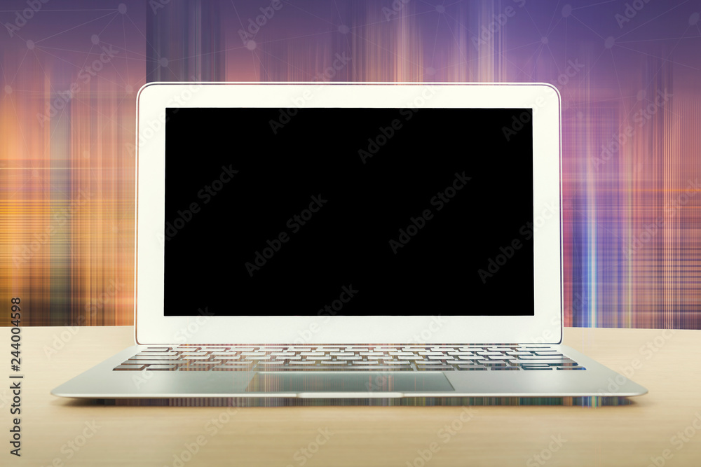 Mock up of blank screen laptop on the desk. Work space Mock up tabletop wood desk with copy space for products display montage. Mock up of blank screen laptop on the desk. Work space Mock up tabletop wood desk with copy space for products display montage.