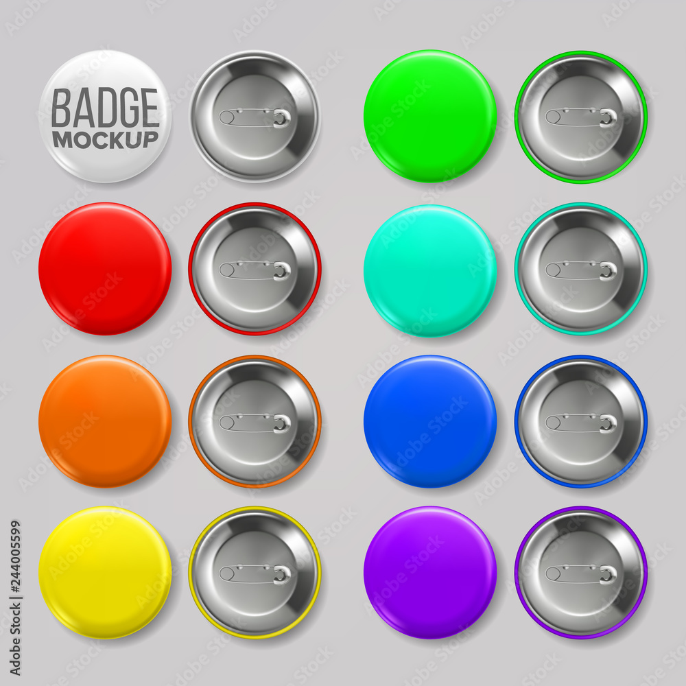 Badge Mockup Set Vector. Pin Brooch Button Blank. Two Sides. Promotion, Merchandise Item. 3D Realistic Illustration