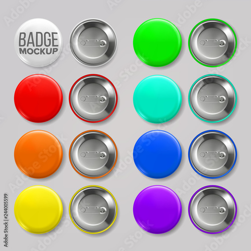 Badge Mockup Set Vector. Pin Brooch Button Blank. Two Sides. Promotion, Merchandise Item. 3D Realistic Illustration