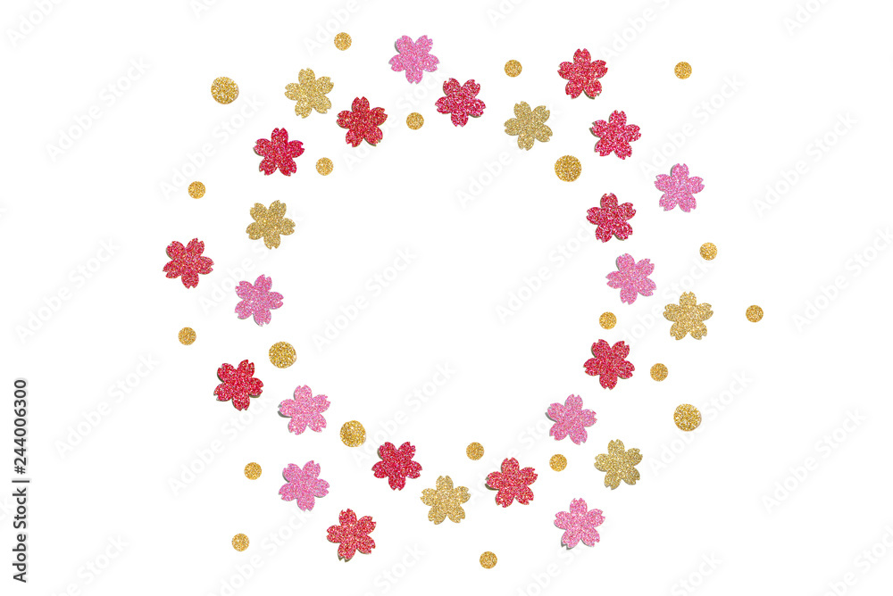 Pink, red and gold glitter circle frame paper cut background - isolated