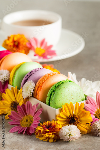 Still life and food photo of cake macarons in a gift box with flowers, a cup of tea on light background. Sweets and desserts concept of macaroons.