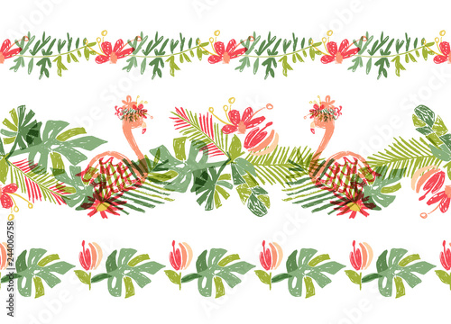 Tropical flower and flamingo bird, hand drawn tropic header or border line, illustration isolated on white background. Floral bouquet, exotic plant leaf and bird, lets flamingle photo