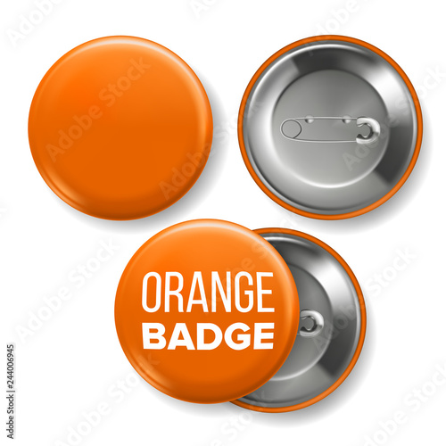 Orange Badge Mockup Vector. Pin Brooch Orange Button Blank. Two Sides. Front, Back View. Branding Design 3D Realistic Illustration