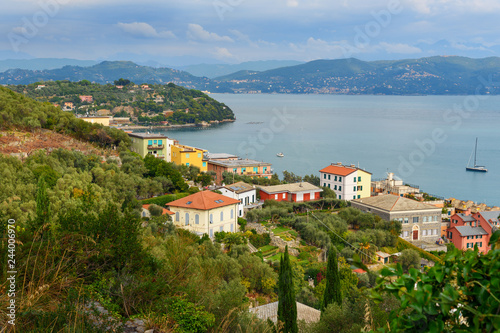 View of Portovenere or Porto Venere town from Castle Doria on Ligurian coast. Italy