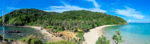 Panorama eines Strandes mit Dschungel im Hintergrund.