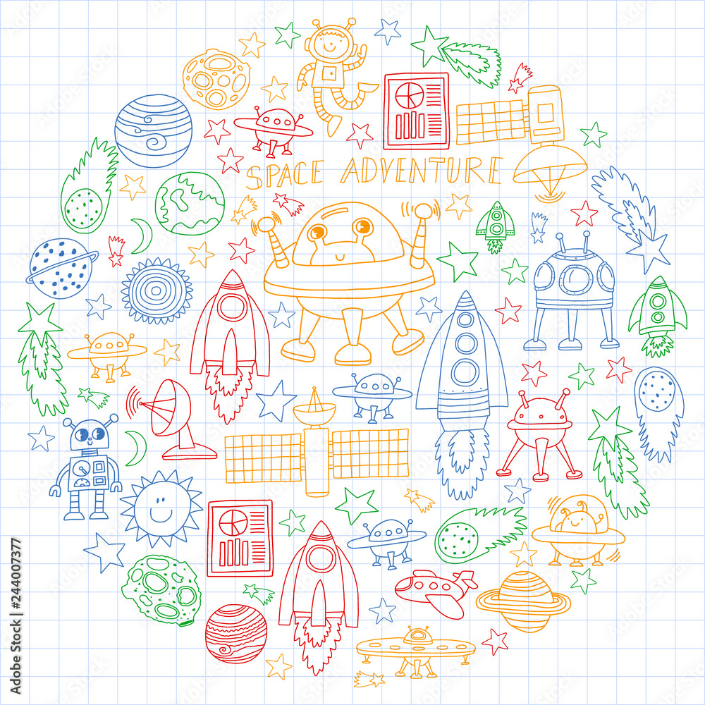 Vector set of space elements icons in doodle style. Painted, colorful, pictures on a sheet of checkered paper on a white background. Vector set of space elements icons in doodle style. Painted, colorful, pictures on a sheet of checkered paper on a white background.