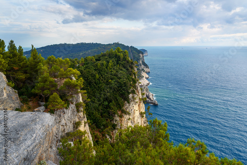 Cliff sea coast from Muzzerone mountain. Portovenere or Porto Venere town on Ligurian coast. Italy