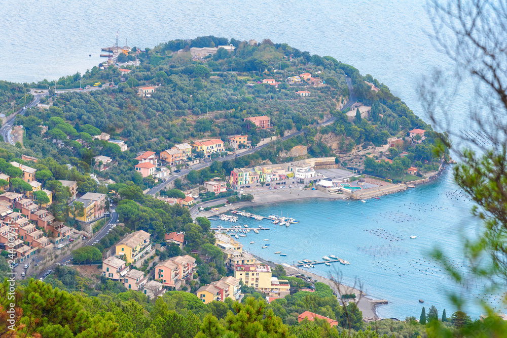 View of Portovenere or Porto Venere town on Ligurian coast from from Muzzerone mountain. Italy