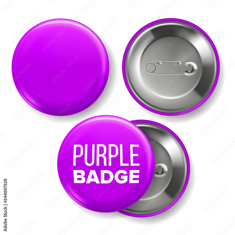Purple Badge Mockup Vector. Pin Brooch Purple Button Blank. Two Sides. Front, Back View. Branding Design 3D Realistic Illustration Purple Badge Mockup Vector. Pin Brooch Purple Button Blank. Two Sides. Front, Back View. Branding Design 3D Realistic Illustration