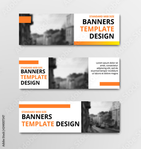 Templates of horizontal vector white banners with orange elements and place for photo. Design for web standard size. Set