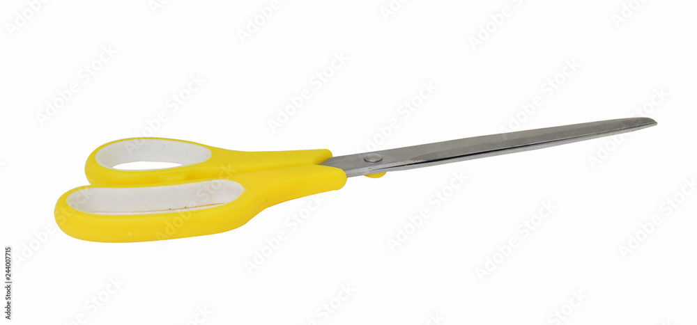 A yellow scissors on white background. A yellow scissors on white background.