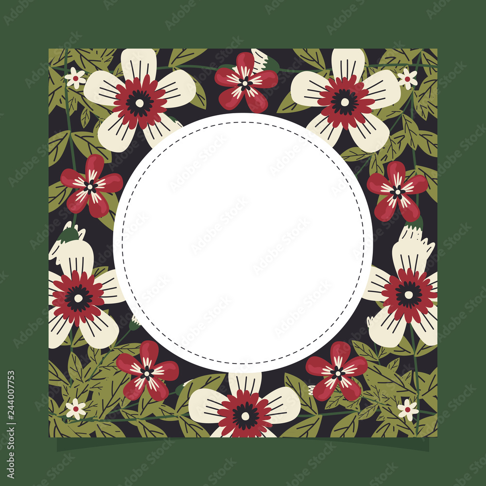 Floral greeting card and invitation template for wedding or birthday anniversary, Vector circle shape of text box label and frame, Summer flowers wreath ivy style with branch and leaves. Floral greeting card and invitation template for wedding or birthday anniversary, Vector circle shape of text box label and frame, Summer flowers wreath ivy style with branch and leaves.