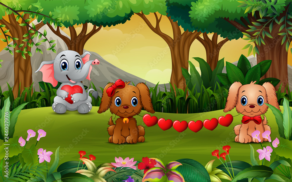 Valentine day with elephant cartoon and the dog Valentine day with elephant cartoon and the dog