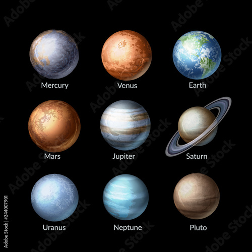 Vector illustration of realistic collection planets of solar system. Astronomy background