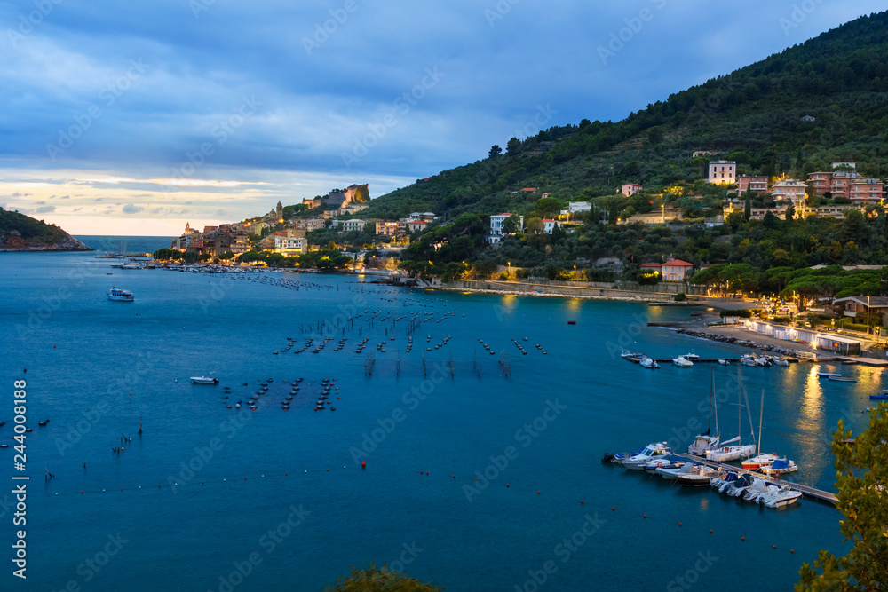 Fototapeta premium View of Portovenere or Porto Venere town on Ligurian coast at night. Italy