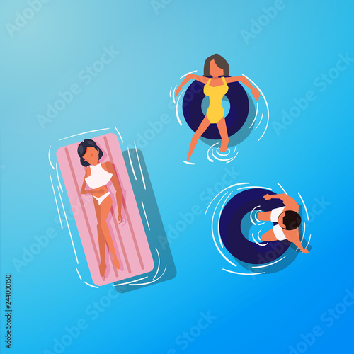 Pool people on floating tube. top view - vector illustration